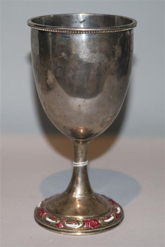 A Chinese white metal and later? enamelled goblet, 16.1cm.